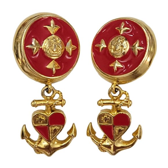 Vintage Gold Tone Red Enamel Anchor, Heart Dangle Clip On Earrings, 2.5” L K406